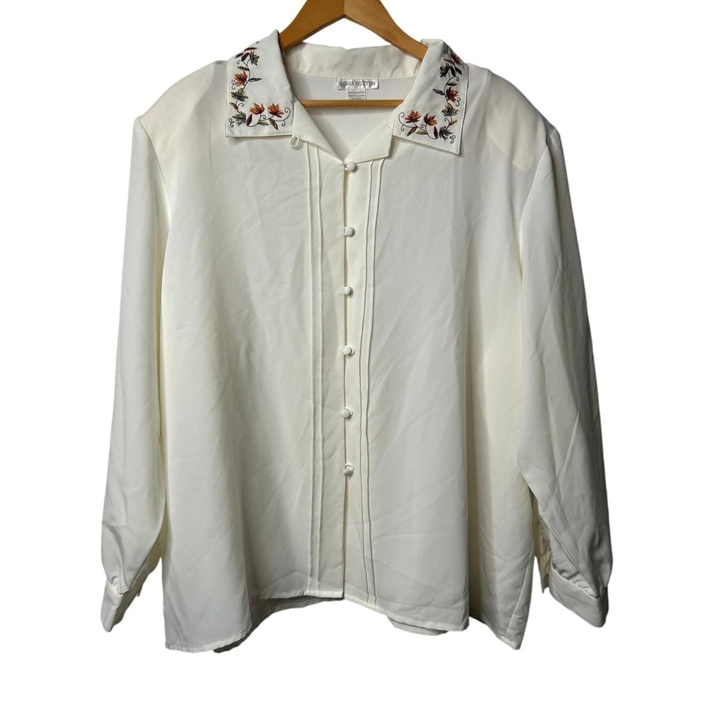 Vintage Cottagecore Blouse 26W Ivory Autumn Leaf Embroidered Collar Fall Top